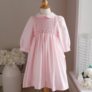 Pink Smocked Dress Long Sleeve Embroidery Peter Pan Collar Luli & Me Boutique